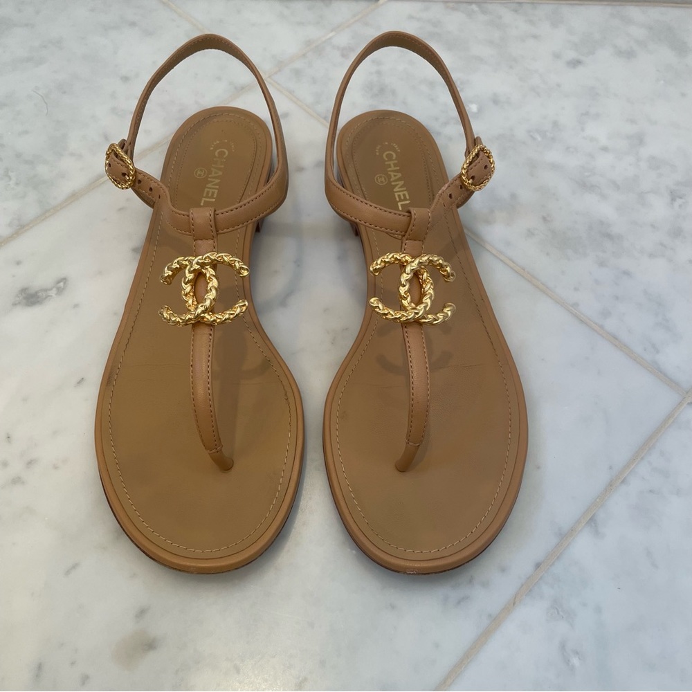 Chanel Interlocking CC T Strap Sandals, Light Brown